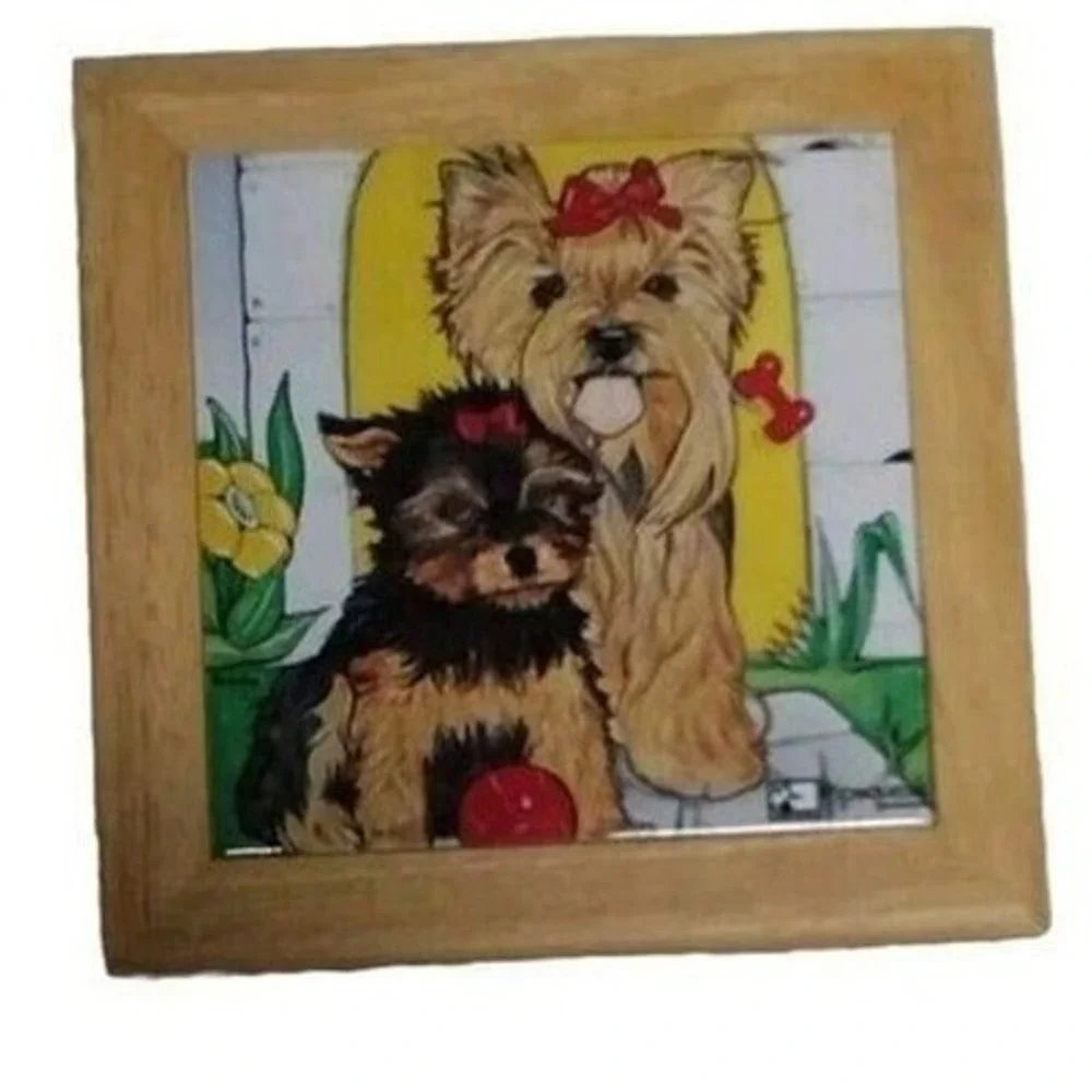 Mary Badenhop Yorkie Ceramic Tile Wall Art Framed‎ Yorkshire Terrier Decor